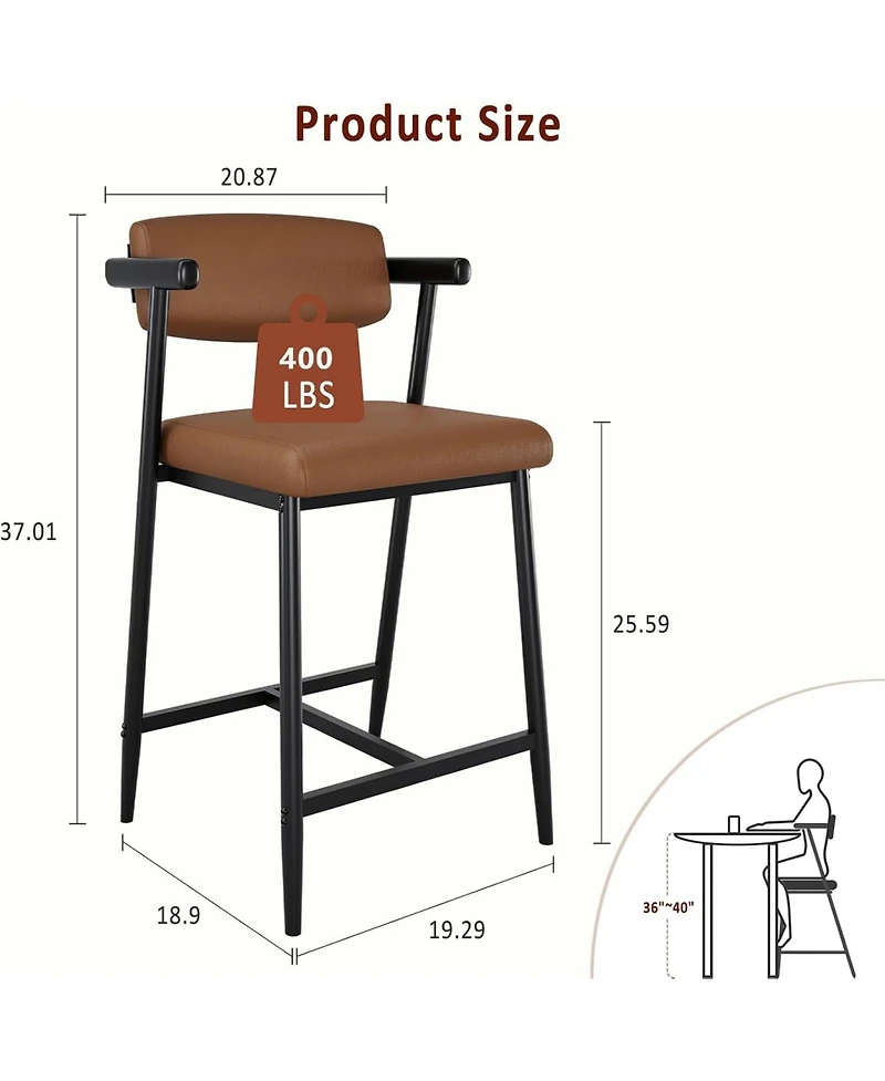 homfan Set of 6 Faux Leather Counter Height Bar Stools with Arms and Back, 400 lb Capacity