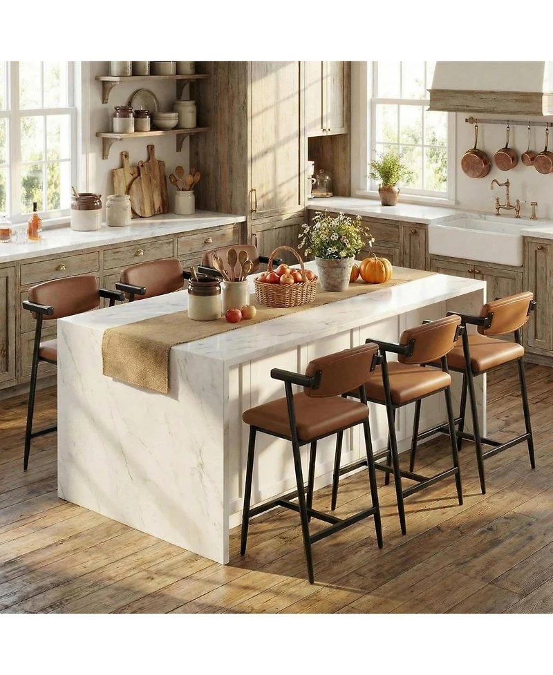 homfan Set of 6 Faux Leather Counter Height Bar Stools with Arms and Back, 400 lb Capacity