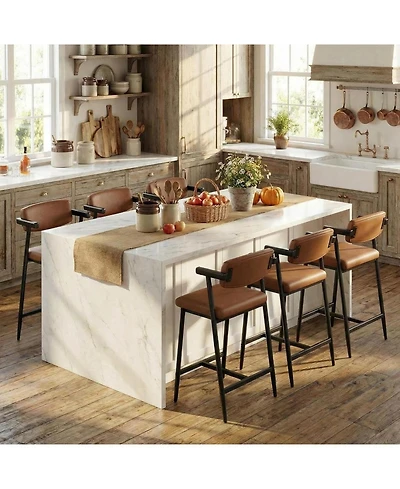 homfan Set of 6 Faux Leather Counter Height Bar Stools with Arms and Back, 400 lb Capacity