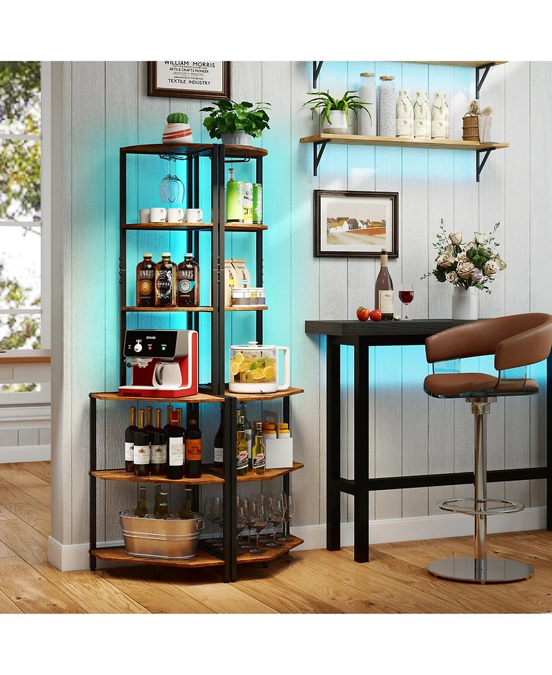 Costway 6-Tier Corner Shelf with Charging Station Ambience Light Stemware Rack