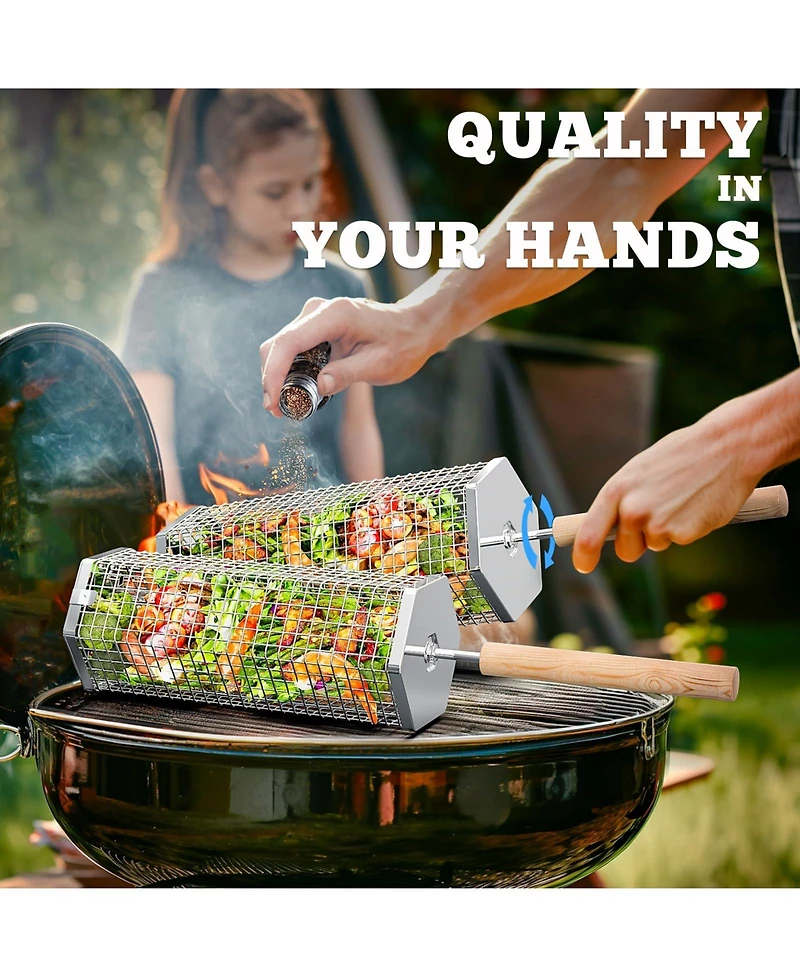Piscifun 304 Stainless Steel Rolling Grill Basket Removable Wooden Handle Nesting Grilling Tools Camping Bbq Accessories