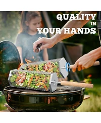 Piscifun 304 Stainless Steel Rolling Grill Basket Removable Wooden Handle Nesting Grilling Tools Camping Bbq Accessories