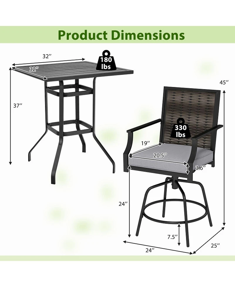 Gouun 3-Piece Outdoor Swivel Bar Set with High-Top Rattan Table and Cushioned Stools