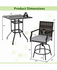 Gouun 3-Piece Outdoor Swivel Bar Set with High-Top Rattan Table and Cushioned Stools