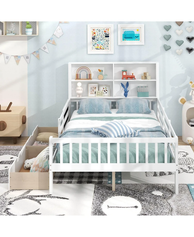 Costway Bed Frame with 2 Drawers Bookcase board Full-length