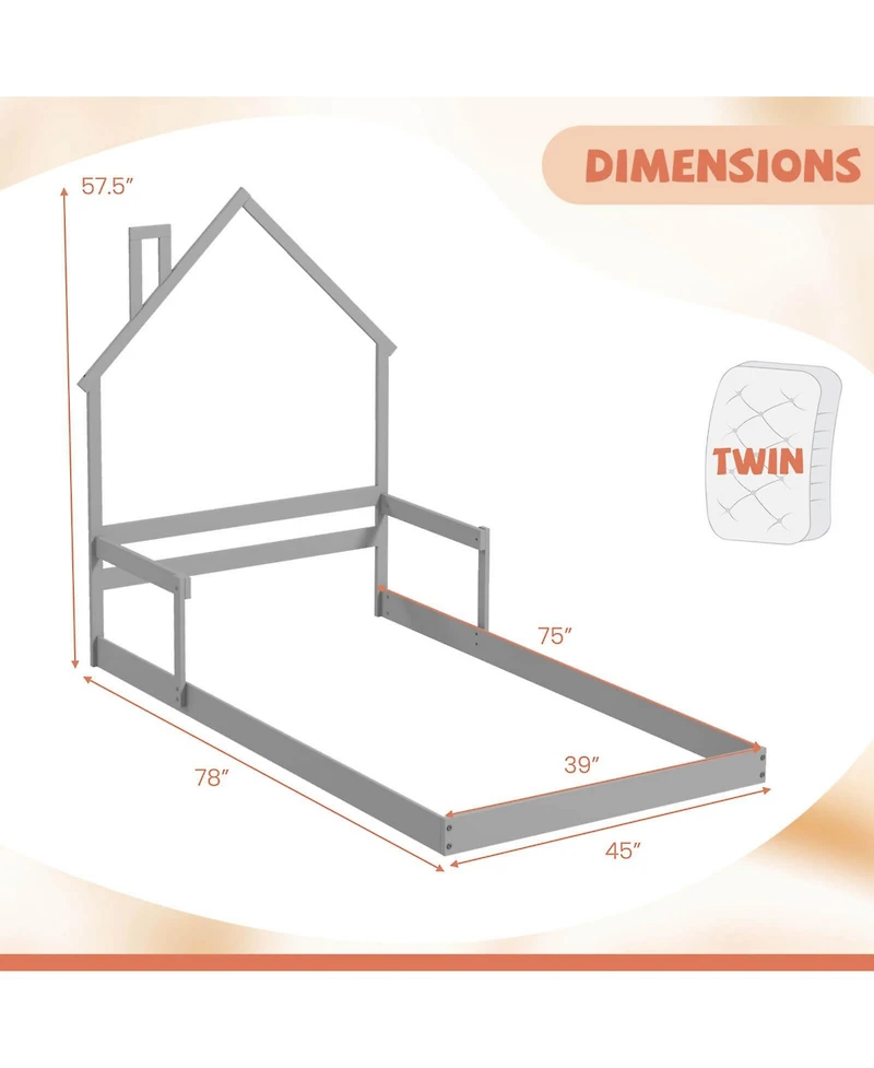 Costway Twin Floor Bed for Kids with Chimney Headboard and Handrail