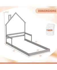 Costway Twin Floor Bed for Kids with Chimney Headboard and Handrail