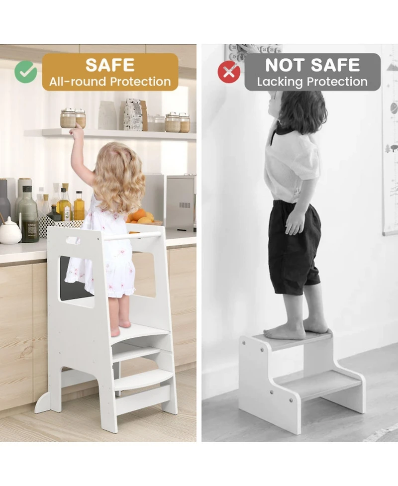 Hongge Adjustable Birch Wood Toddler Kitchen Tower with Chalkboards, Ages 3+