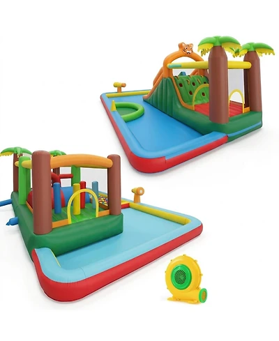 Hongge Tiger Inflatable Water Park Bounce House with Obstacle Course and Double Slides, 2 Blowers, Ages 3-12