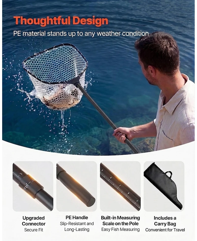 Hongge Foldable Fish Landing Net with 76 in Telescopic Aluminum Handle Built-In Scale and Silicone Mesh