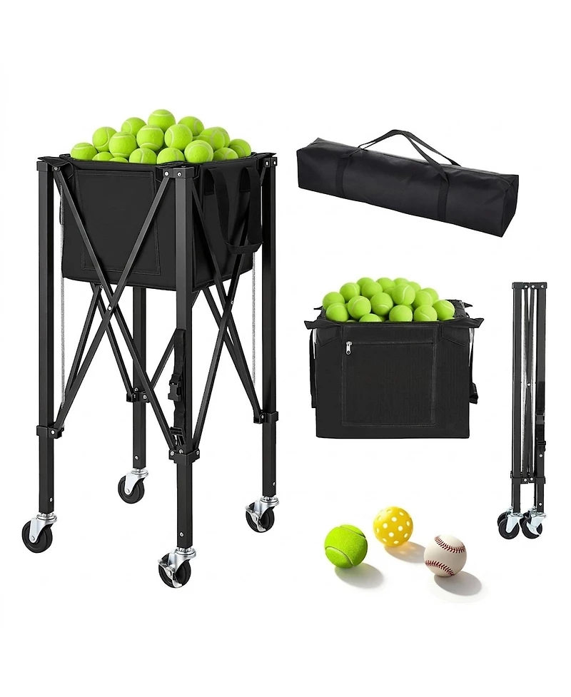 Hongge Foldable Aluminum Tennis Ball Basket Cart for 120 Balls Featuring Rubber Swivel Wheels and Storage Bag