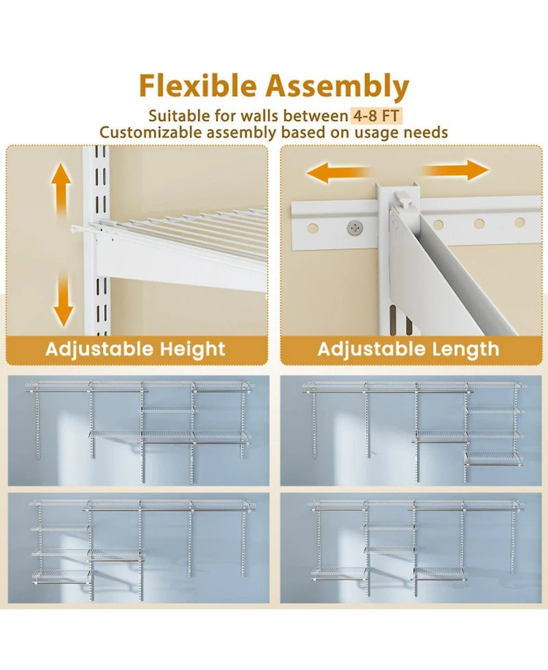 Hongge 4-8 Ft Wall Mounted Closet Organizer System with Hanging Rods