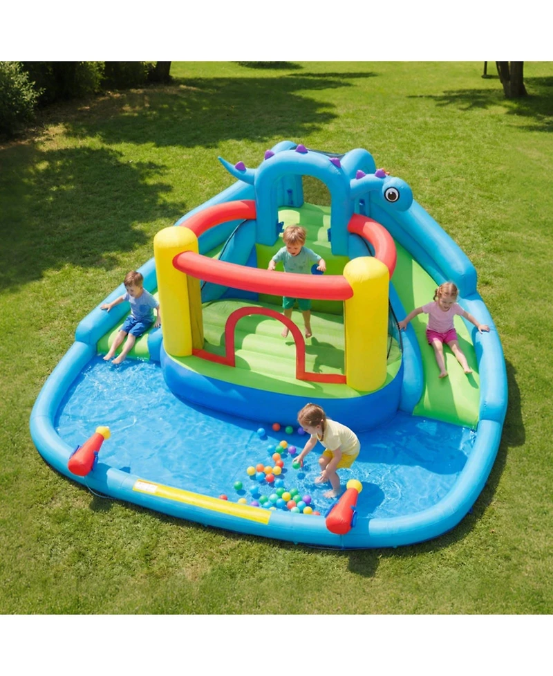 Hongge Dinosaur Inflatable Water Slide Bounce House with Double Slides and Splash Pool, Oxford Cloth, Holds 3 Players, Ages 3-10