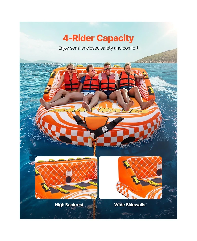 Hongge Towable Boat Tube for 1 to 4 Riders with Full Nylon Cover 22 Grab Handles and Dual Tow Points