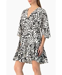 Ivonne Women's Swirl Botanical Print 3/4 Sleeve Fit-and-Flare Mini Dress