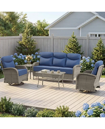 Pocassy 5-Piece Patio Furniture Pe Wicker Outdoor Conversation Set with 6" Cushion,All-Weather Rattan Swivel Rocker Chairs Couch Tables