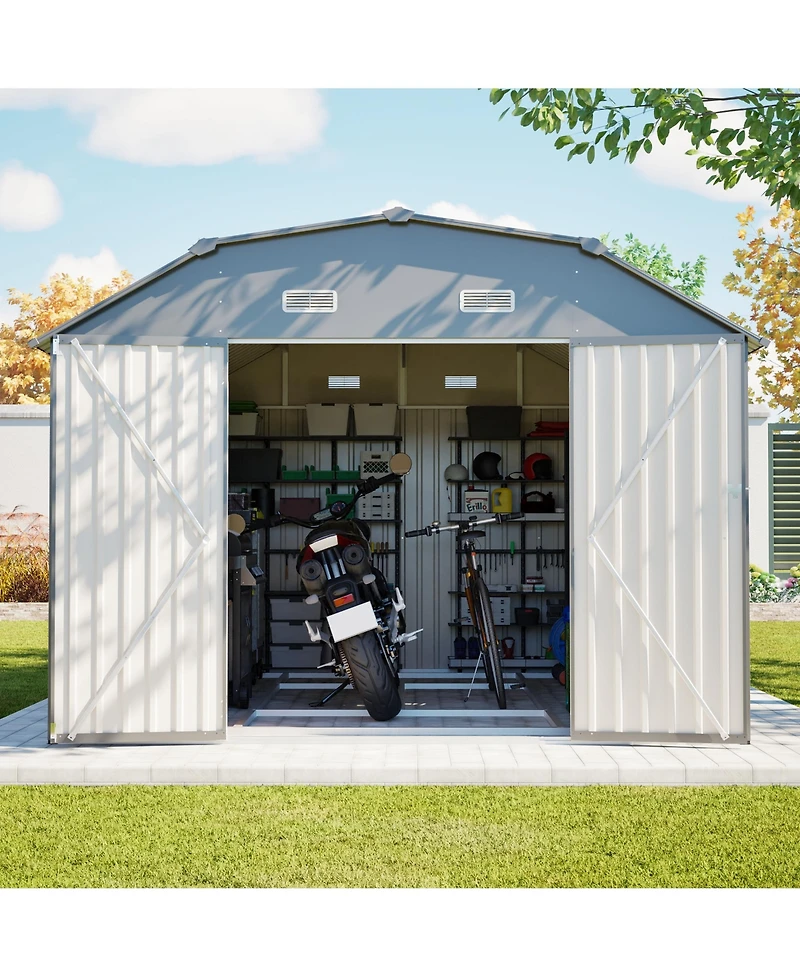 Mondawe 10 x 12 ft Outdoor Steel Storage Shed with Floor Frame Kit and Lockable Doors