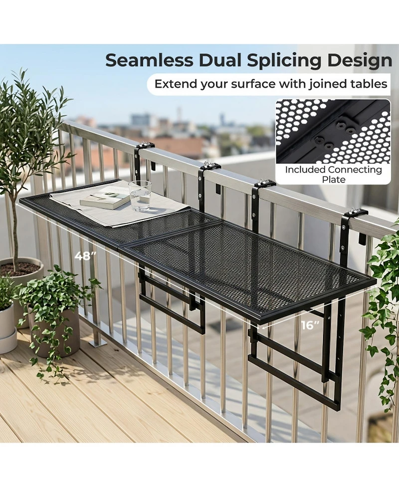 Sugift Set of 2.48in Balcony Railing Tables with 5-Level Adjustable Height for Patio and Deck