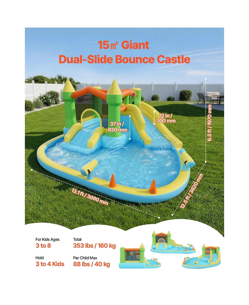 Hongge 12.5 Feet Inflatable Bounce House with Water Slide and Splash Pool, 353 lb Capacity, Ages 3-8