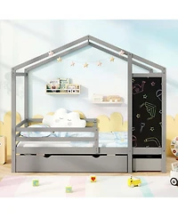 Costway Twin House Bed with 2 Storage Drawers Solid Wood Platform Bed with