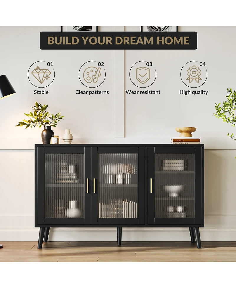 homfan Buffet Cabinet with Ribbed Glass Doors Sideboard Storage for Dining Room Kitchen Living Room