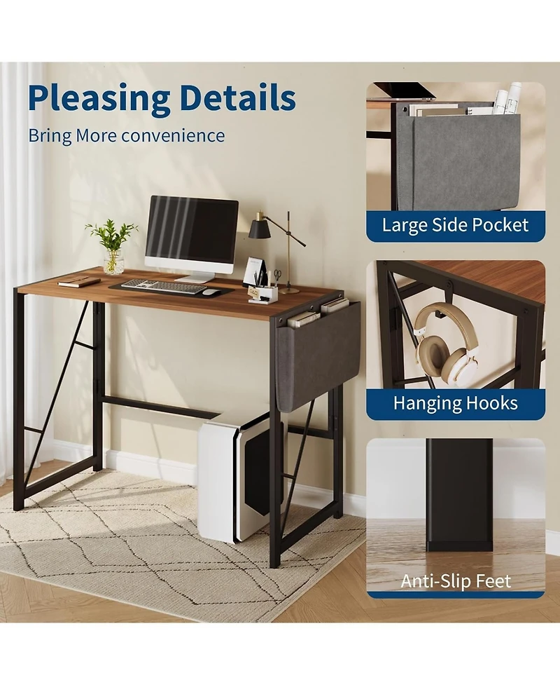 homfan 39.4-inch Folding Desk – Writing Computer Table with Storage Bag and Hook, Space-Saving for Bedroom and Apartment