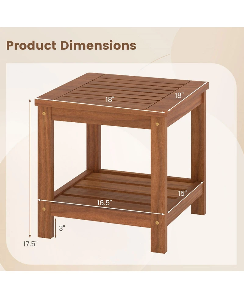 Gouun 2-Tier Outdoor Solid Wood Side Table with Storage Shelf and Round Corners, Slatted Top