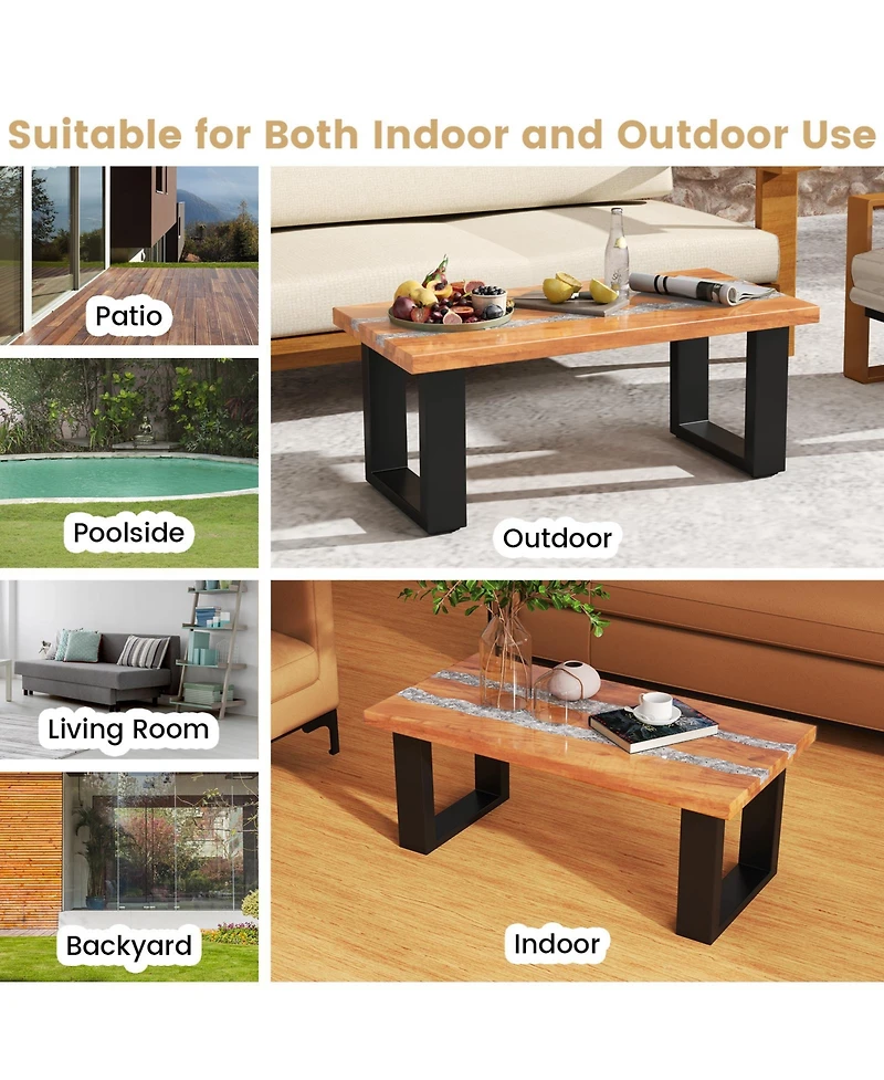 Sugift Teak Wood Patio Table with River-Like Epoxy Tabletop