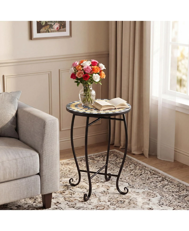 Sugift 14in Floral Mosaic Patio Accent End Table with Metal Frame