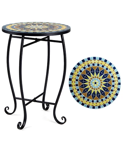 Sugift 14in Floral Mosaic Patio Accent End Table with Metal Frame
