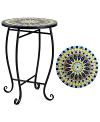 Sugift 14in Floral Mosaic Patio Accent End Table with Metal Frame