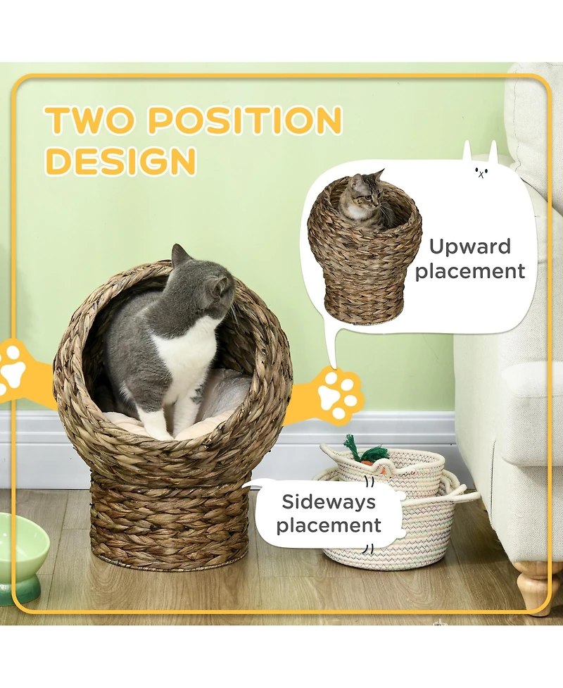 Ruie Elevated Cat Bed Handwoven Wicker Basket House with Soft Cushion and Stand