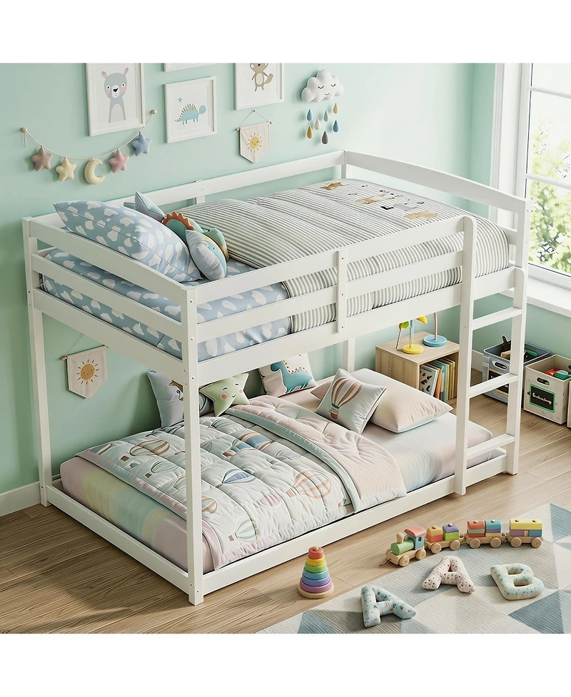 Gymax Full Over Full Bunk Bed with Full-length Guardrails and Integrated Ladder
