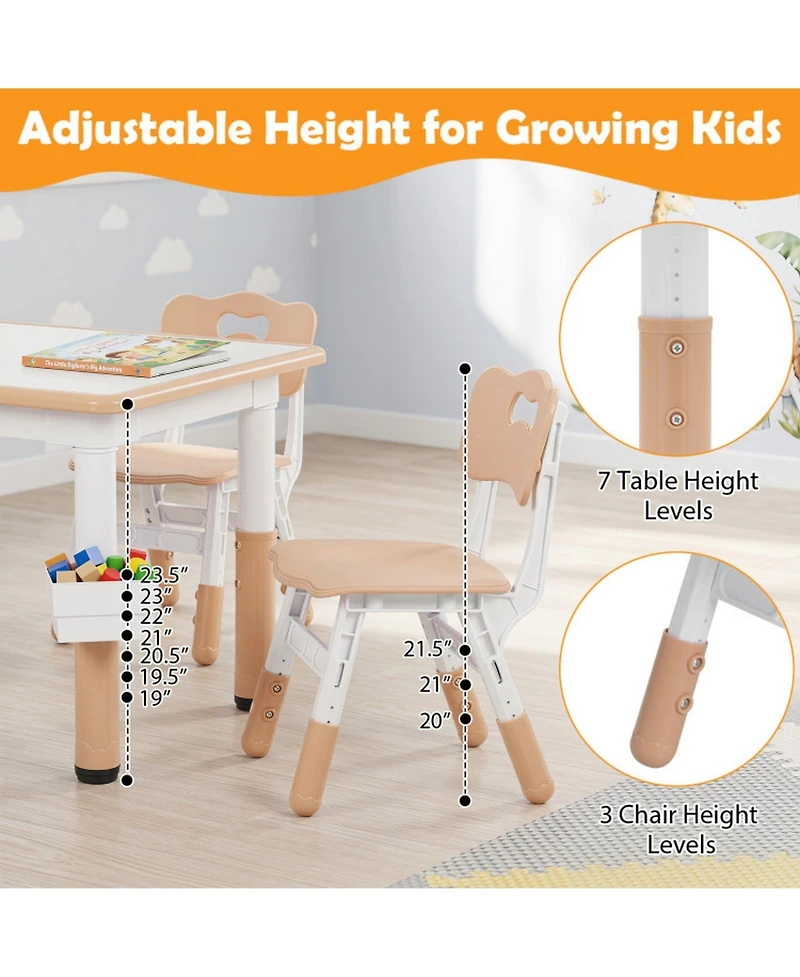 Sugift Height Adjustable Kids Table and 4 Chairs Set with Graffiti Desktop and 2 Storage Baskets
