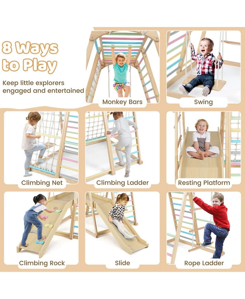 Sugift 8-in-1 Wooden Climber Playset with Slide & Monkey Bars, Ages 3-5