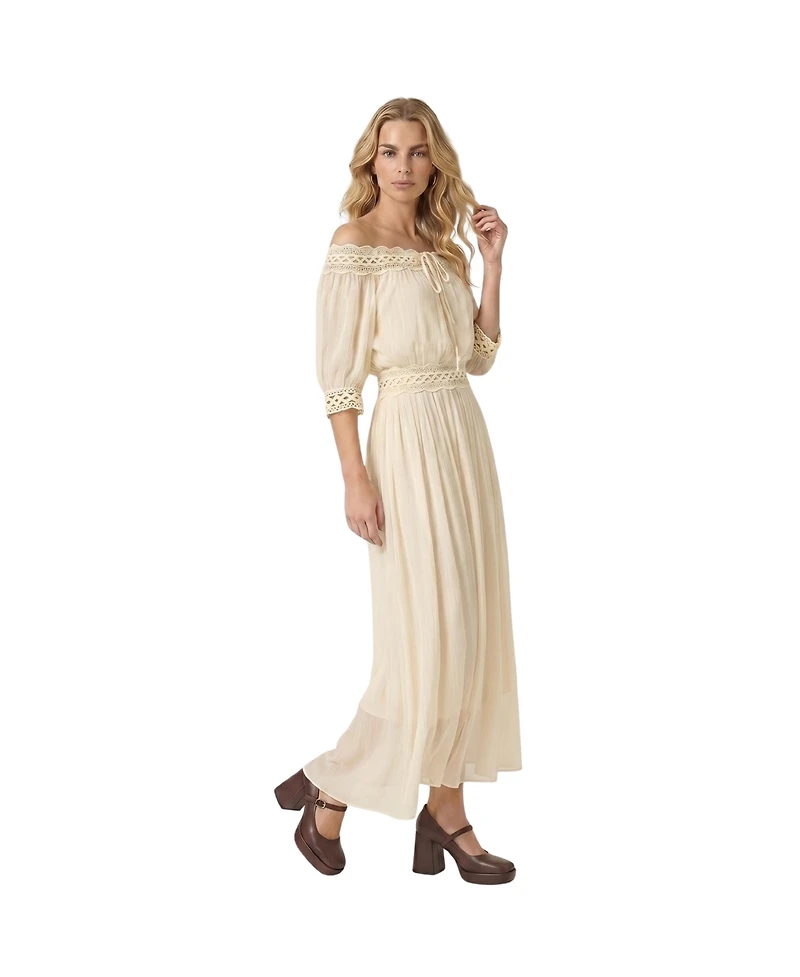 Modenaire Women's Off-Shoulder Crochet Top and Maxi Skirt Set