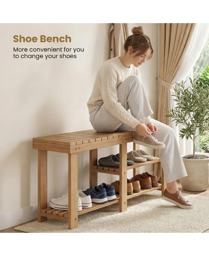 Sugift 3-Tier Solid Wood Shoe Rack Bench with Slatted Shelves