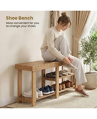 Sugift 3-Tier Solid Wood Shoe Rack Bench with Slatted Shelves