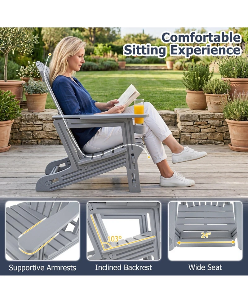 Sugift Set of 2 Hdpe Adirondack Chairs with Cup Holder and Wood-Like Texture for Garden