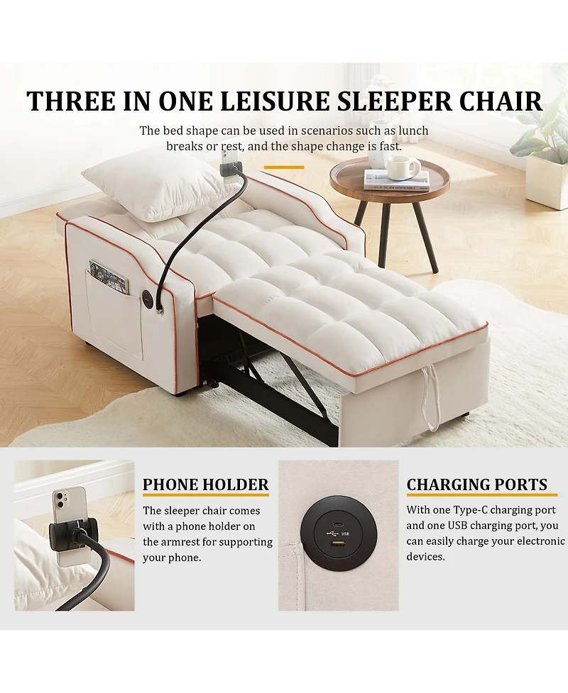 Clihome 3 1 Convertible Sleeper Sofa Chair Bed With Adjustable Backrest and Phone Holder