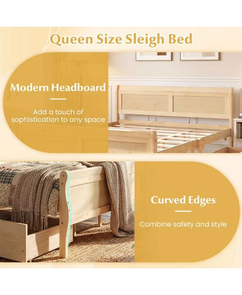 Sugift Queen Size Sleigh Platform Bed with 2 Storage Drawers and Curved Footboard