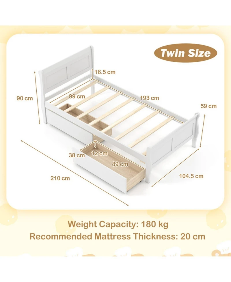 Sugift Twin Size Sleigh Wood Platform Bed with 2 Rolling Storage Drawers