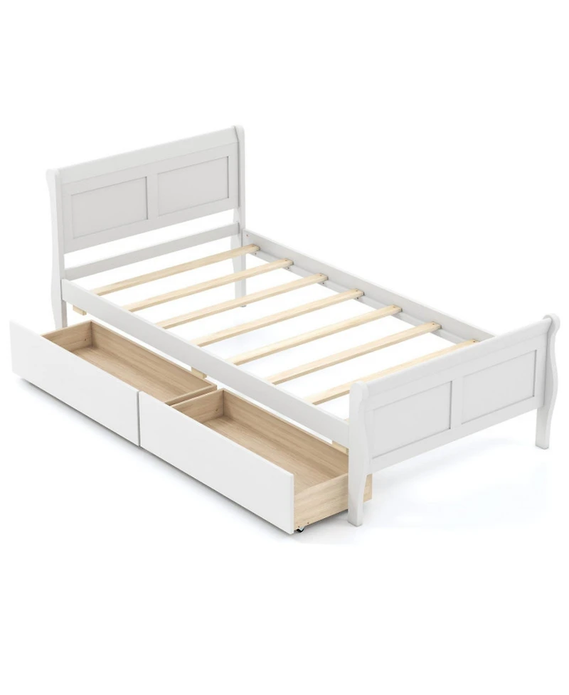 Sugift Twin Size Sleigh Wood Platform Bed with 2 Rolling Storage Drawers