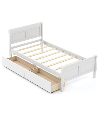 Sugift Twin Size Sleigh Wood Platform Bed with 2 Rolling Storage Drawers