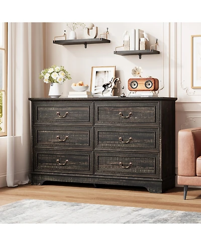 gaomon 6 Drawer Dresser for Bedroom Double Chest of Drawers, Vintage Drawers Organizer for Living Room, Hallway, Entryway