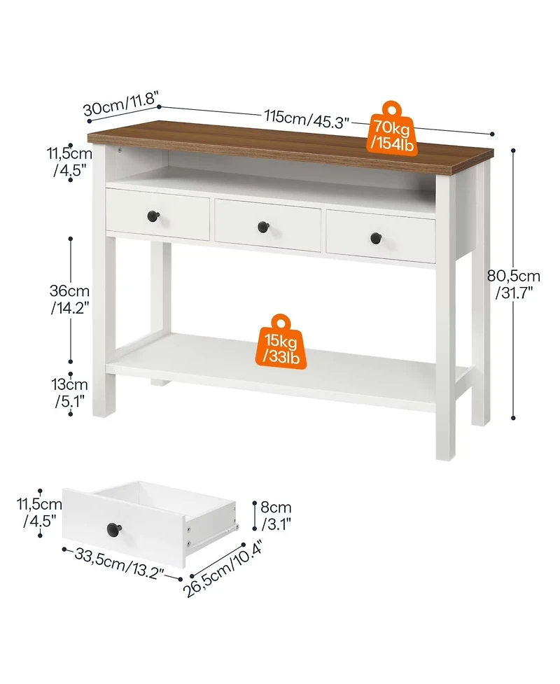 Slickblue Entryway Console Table 45.3 Inch with 3 Drawers and Storage Shelving