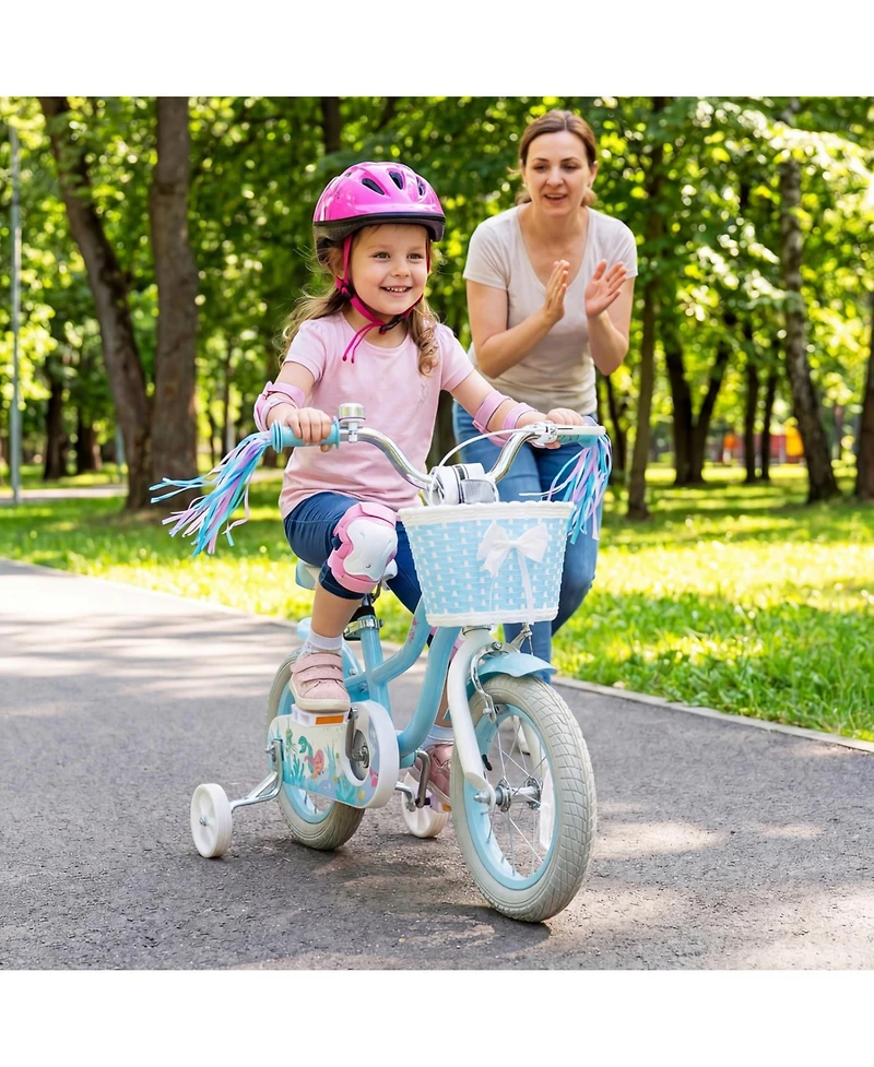 Slickblue Sea Princess 12" Adjustable Kids' Bicycle with Basket, 110 lbs Capacity, Ages 3-4
