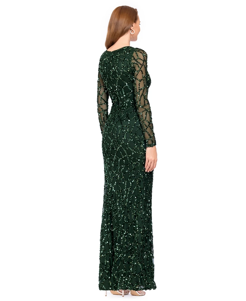 Betsy & Adam Petite Long-Sleeve Sequin Gown