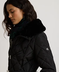 Lauren Ralph Women's Belted Quilt with Fur Collar Coat