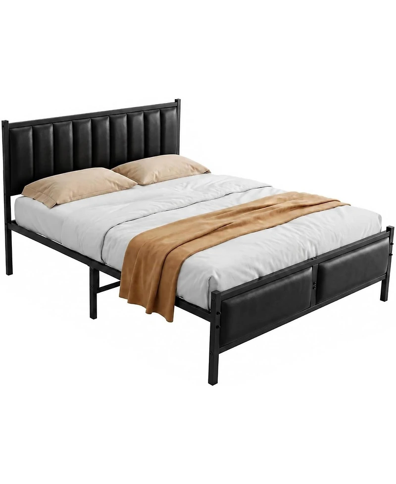 homfan Full Size Upholstered Platform Bed Frame with Pu Leather Headboard, No Box Spring
